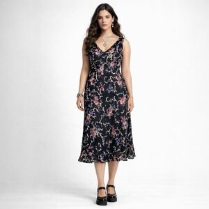 Paradise Plus Vintage 90s Floral Slip Dress 2X Black Whimsigoth Grunge Midi